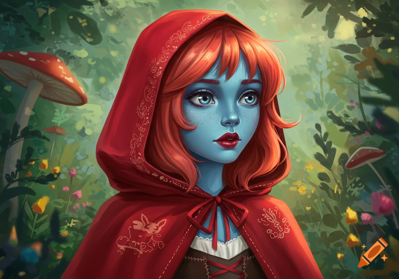 A stylized portrait of a blue-skinned young person in a red hooded cape in a forest.