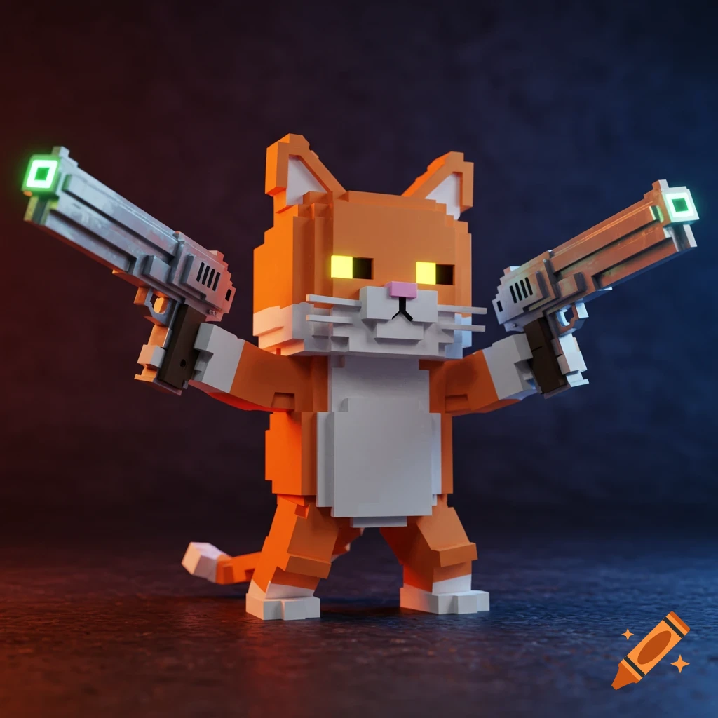 A voxel cat holding two guns