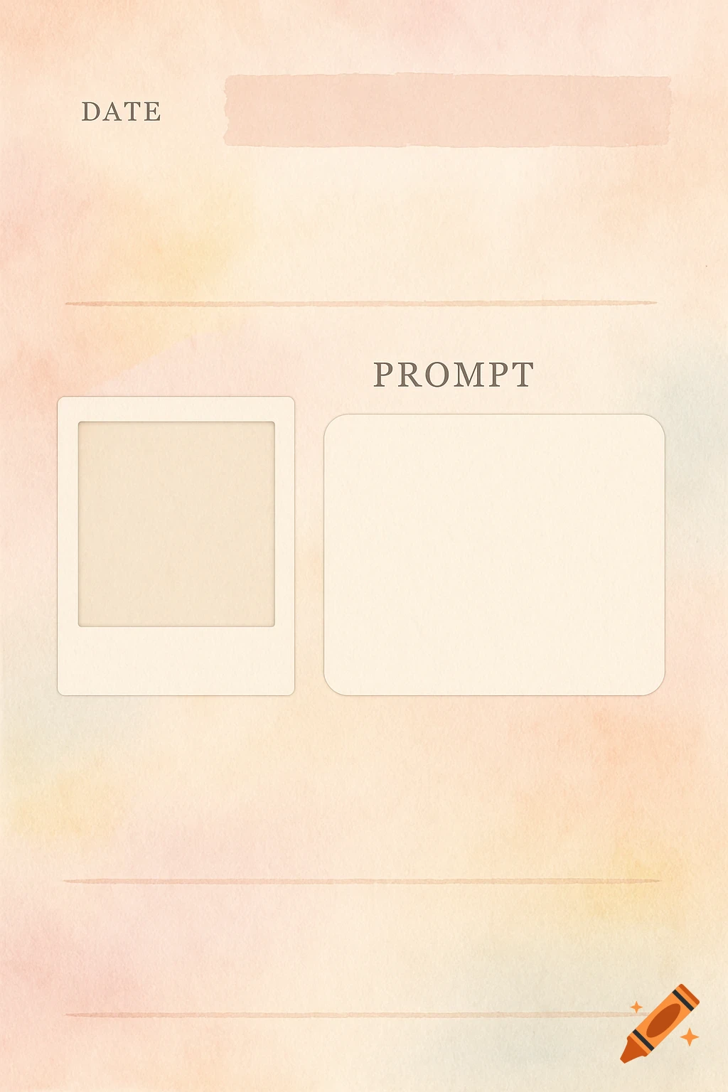 A journal page template with faded pastel watercolor background, spaces for date and prompt, and a polaroid frame.
