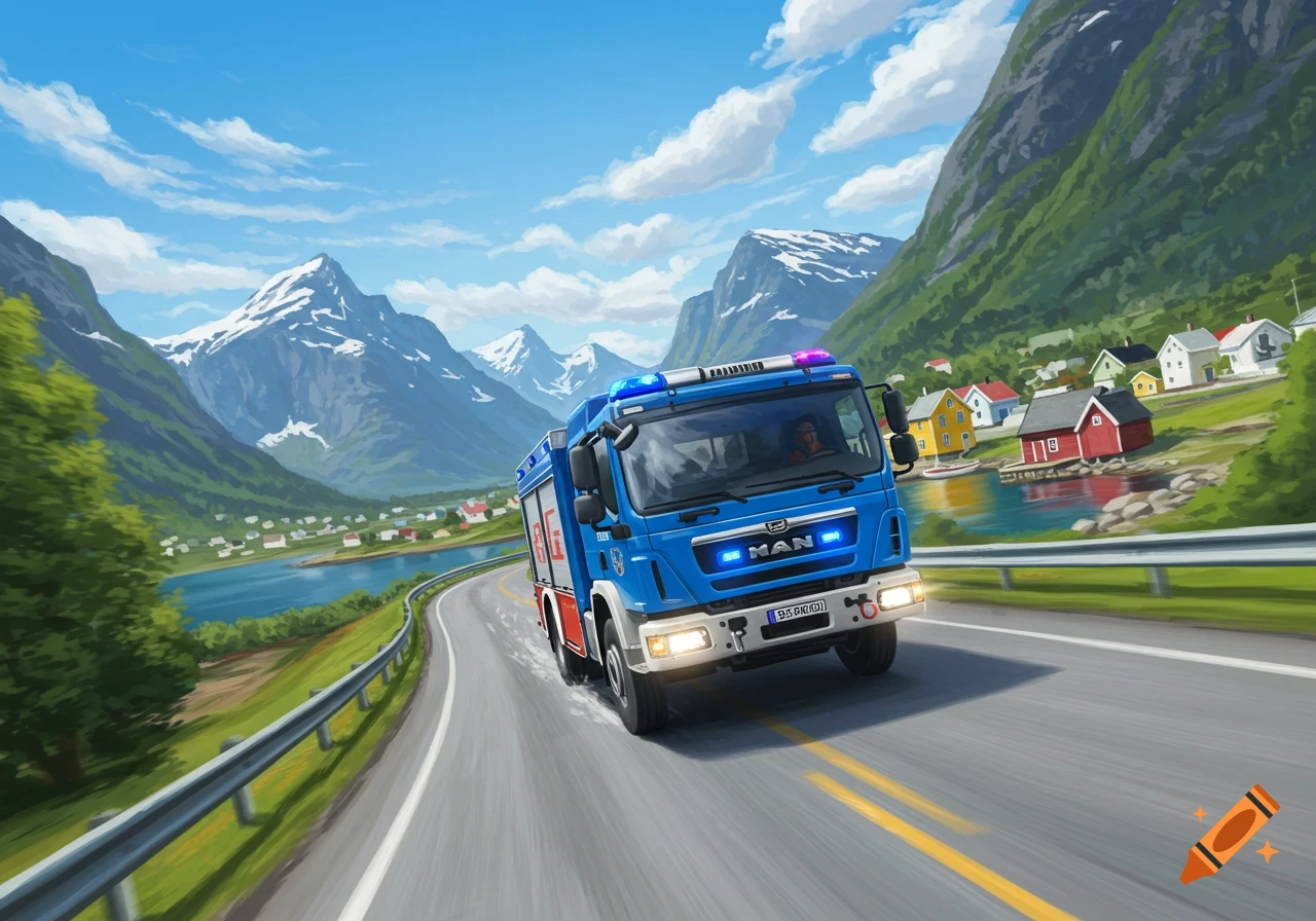 A blue fire truck drives on a winding road through a scenic mountainous landscape with scattered houses, illustration style.