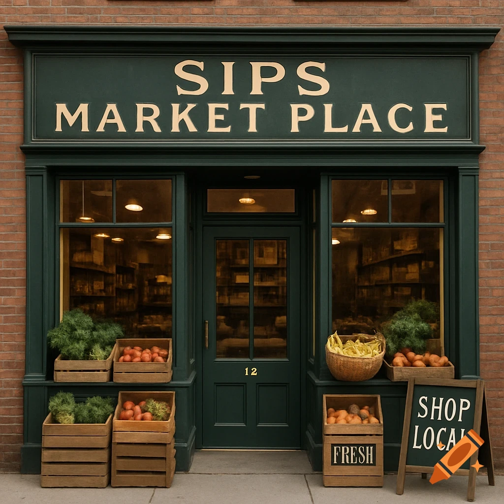 Market storefront with produce crates