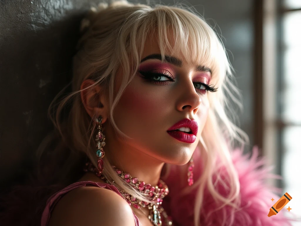 Close-up portrait of a blonde woman with heavy pink makeup and jewelry