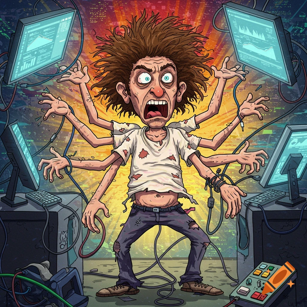 Cartoon of a chaotic, multi-armed man overwhelmed by computer screens and cables.