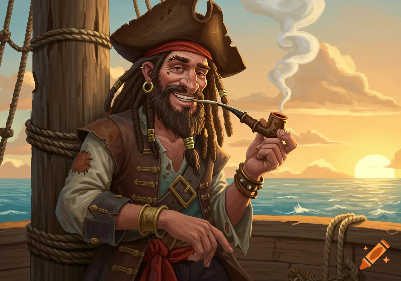 Illustration of a smiling pirate with dreadlocks and beard smoking a pipe on a ship at sunset.