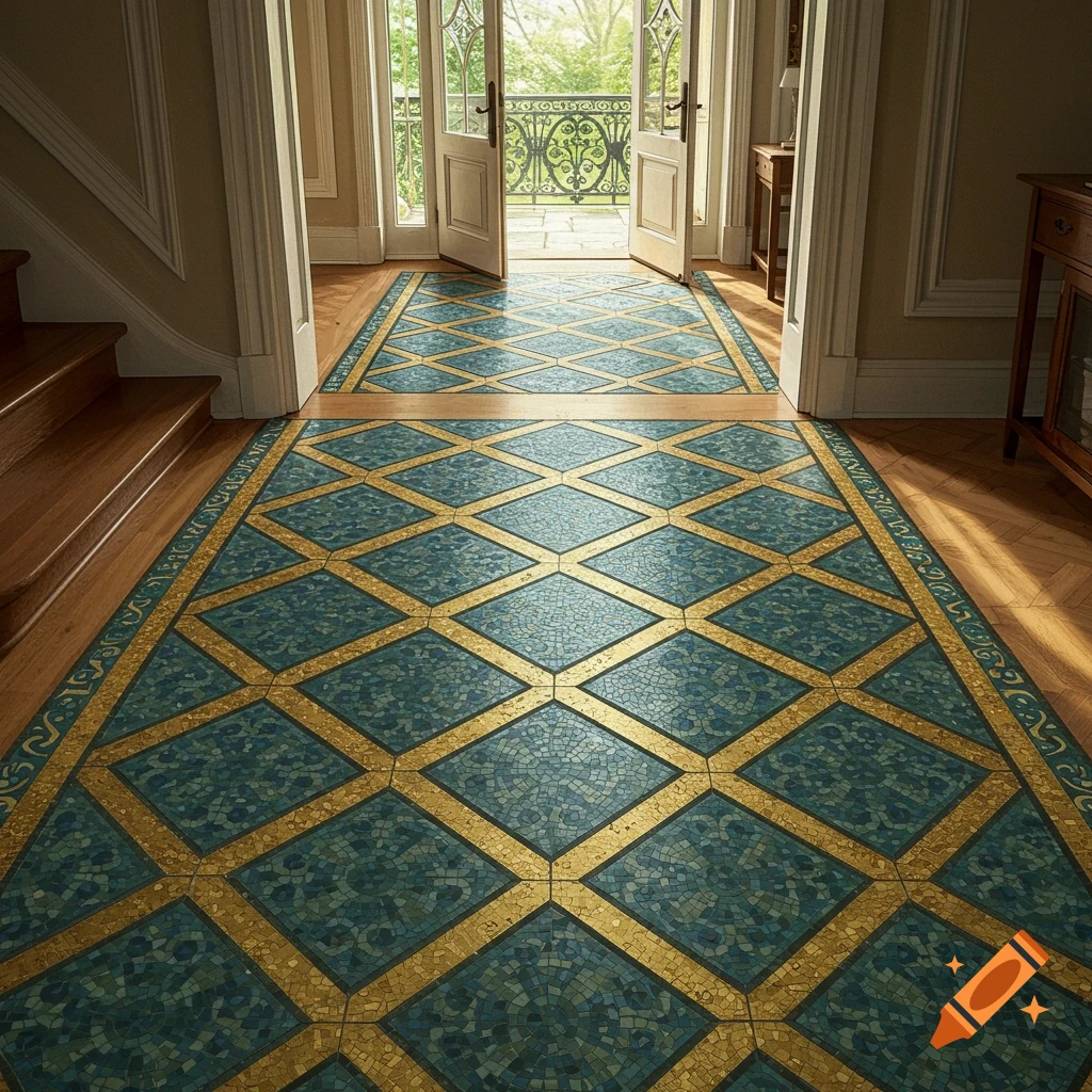 Decorative mosaic floor in a home foyer