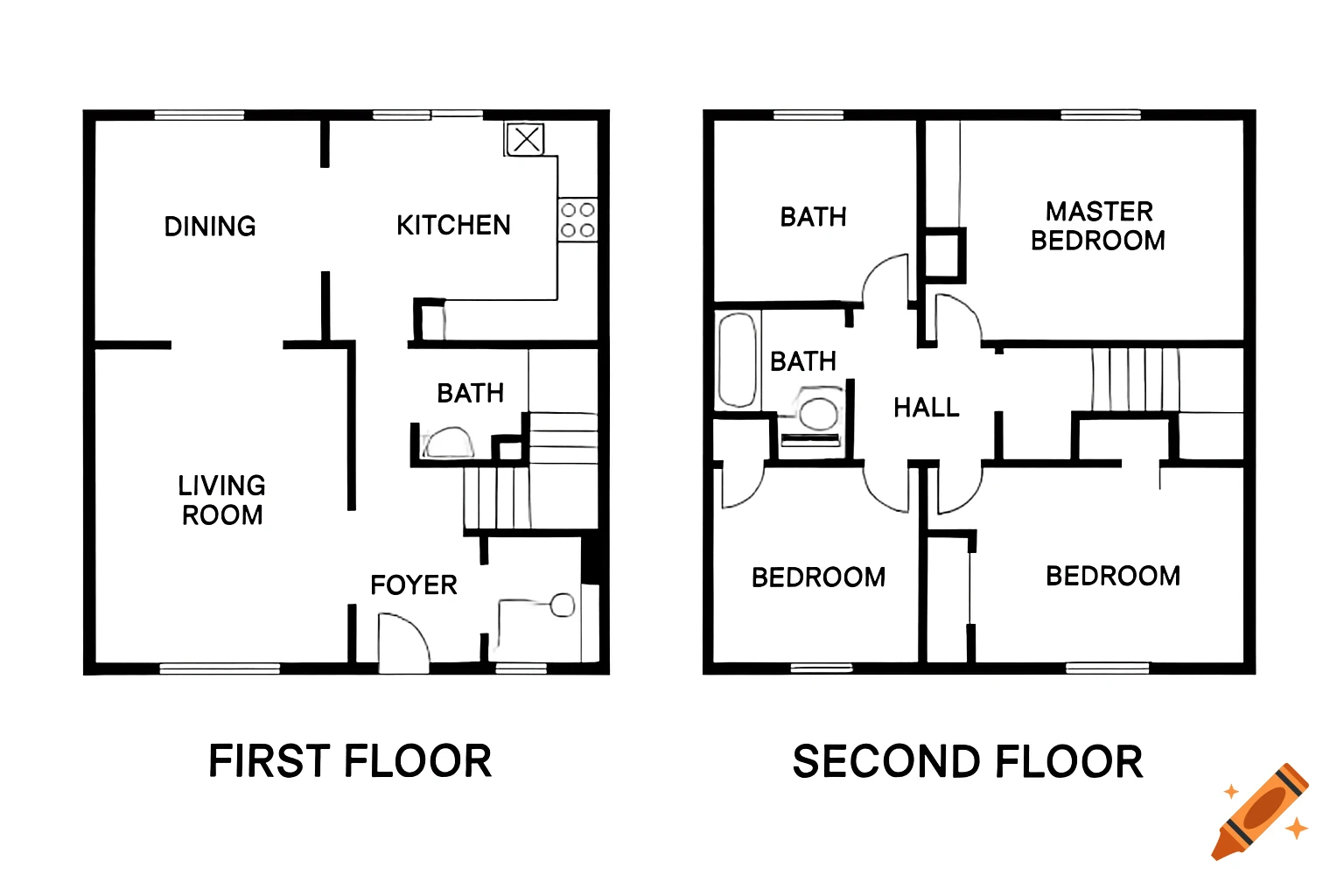 Black and white line drawing of a two-story house floor plan with room labels.