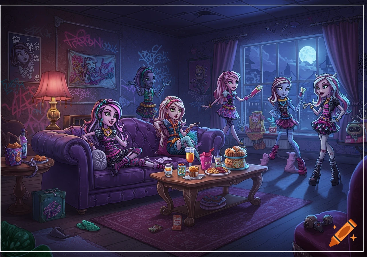 Stylized illustration of five monster girls in a lounge with snacks and graffiti.