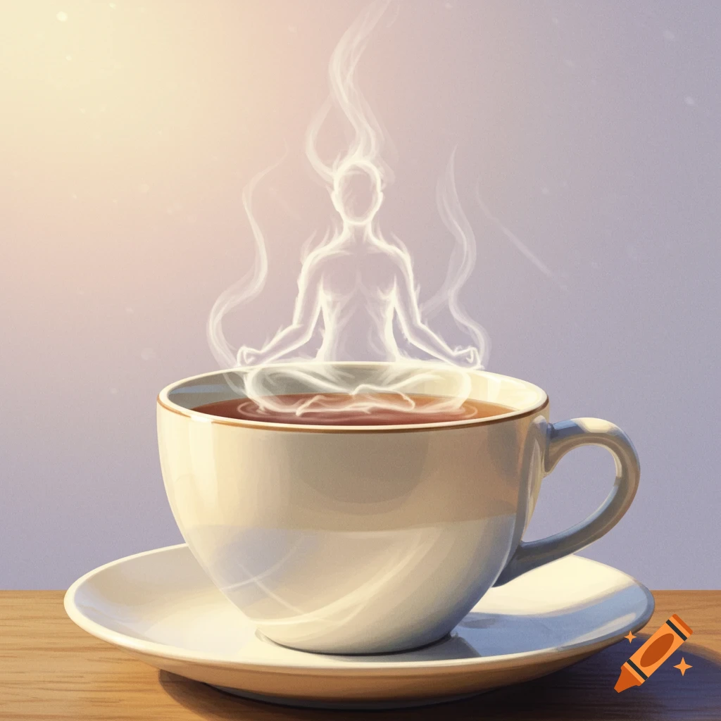 A cup of tea with steam rising in the shape of a meditating figure.