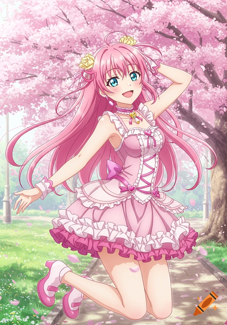Anime girl in pink dress jumping under cherry blossom trees in a park.