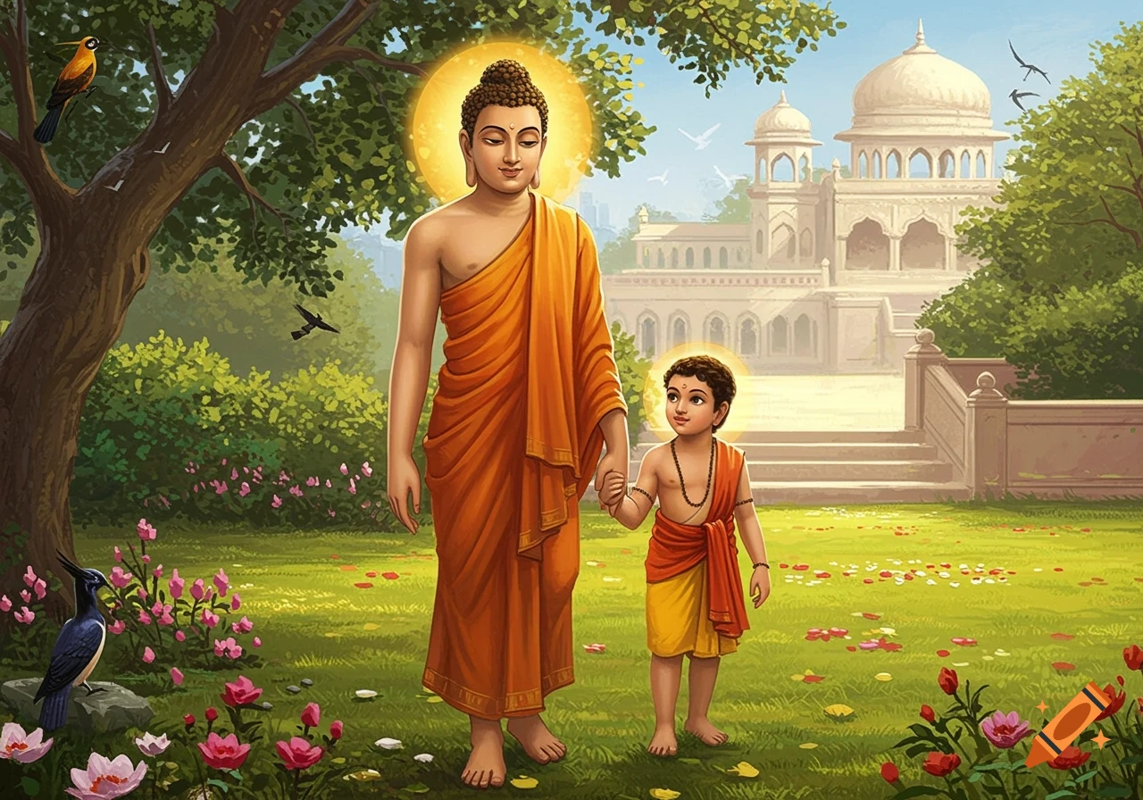 Gautama Buddha walking hand-in-hand with young Prince Rahula in a lush garden with a palace in the background.