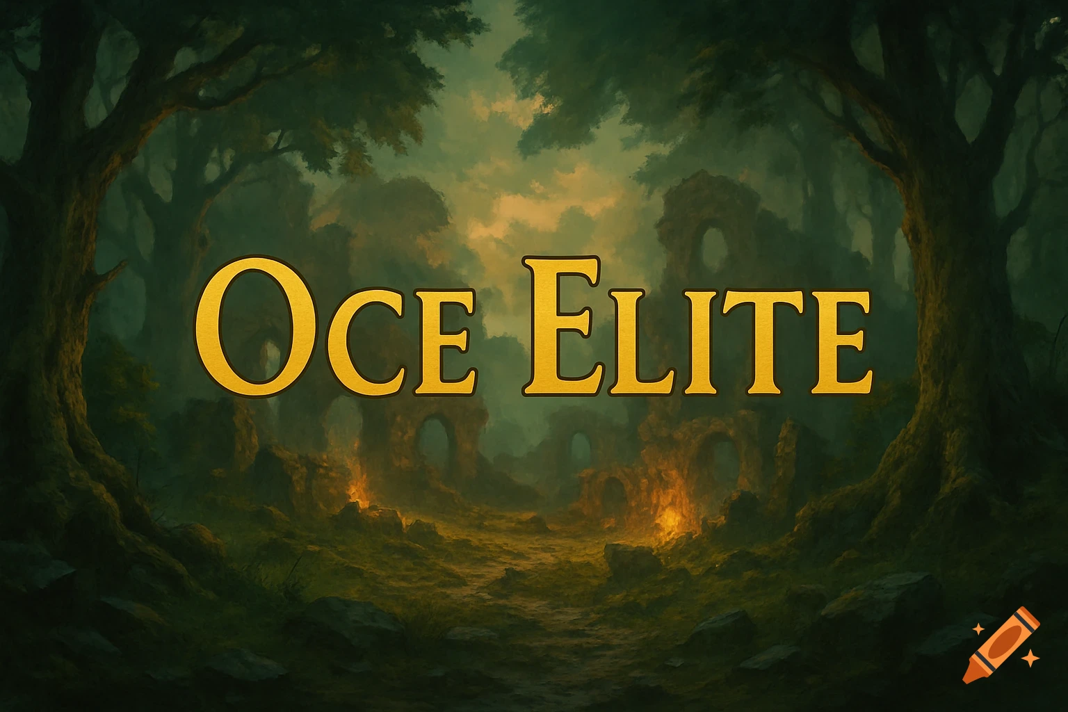 Fantasy forest background with ancient ruins and the text "Oce Elite" overlayed.