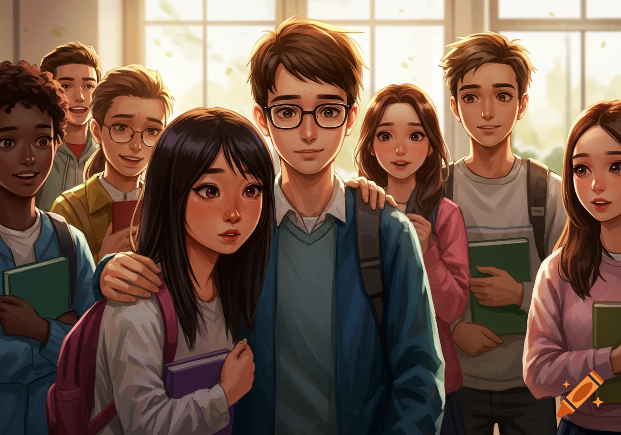 Anime illustration of a diverse group of students standing together in a bright school hallway.