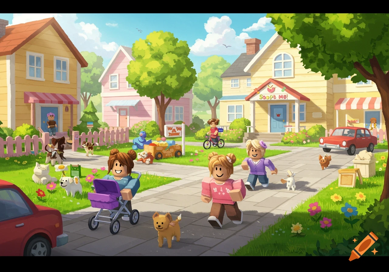 Cartoon town square with Roblox-style characters and pets. People walk with dogs and a stroller near shops.