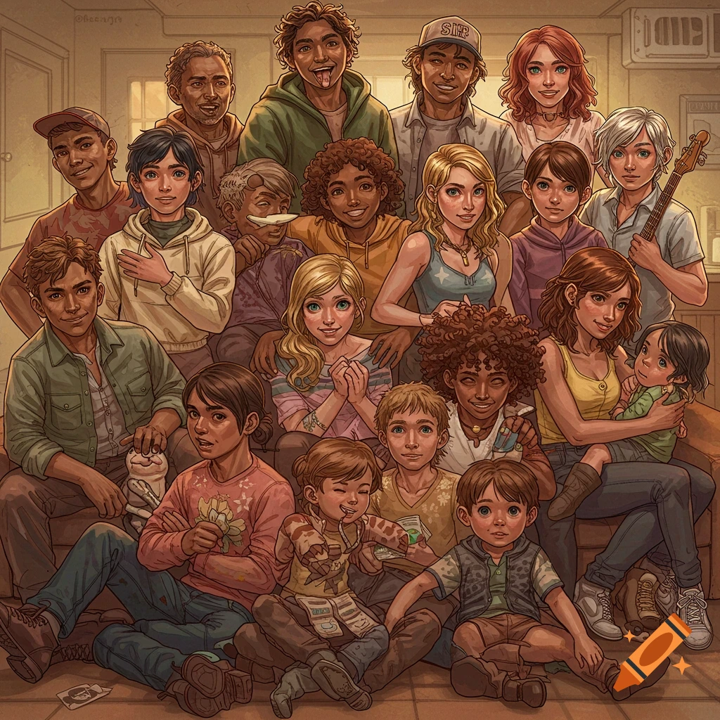 A large, diverse group of people, including children, gather indoors in an illustrated style.