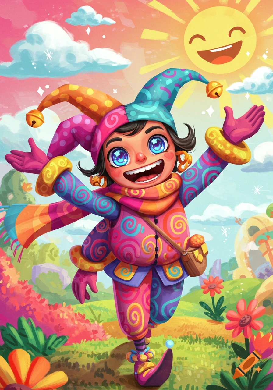 Vibrant illustration of a cheerful character in a colorful jester costume with a smiling sun in a fantasy landscape.
