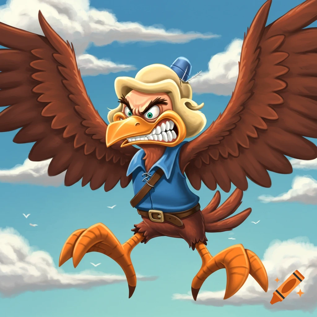 Angry cartoon bird character with blonde hair and blue shirt flying in the sky.
