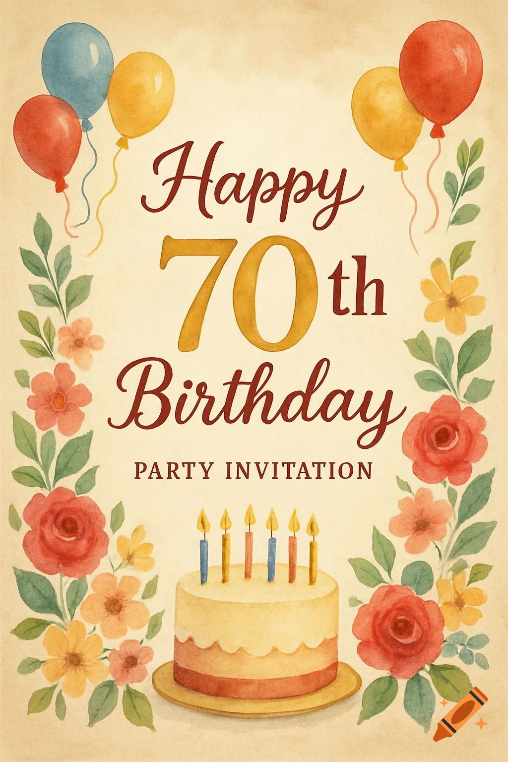 Watercolor birthday invitation with text, balloons, flowers, and cake.