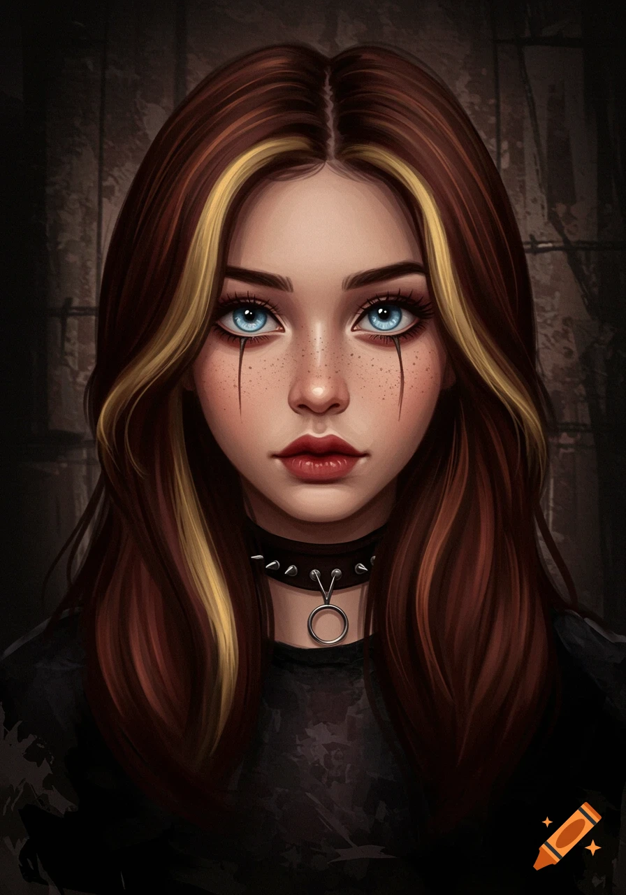 Digital portrait of a girl with brown hair, blonde highlights, blue eyes, freckles, crying makeup, and a spiked choker in a dark setting.