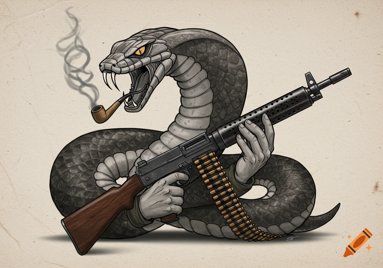 Black and grey tattoo style illustration of a coiled snake with human hands, smoking a pipe and holding a machine gun.