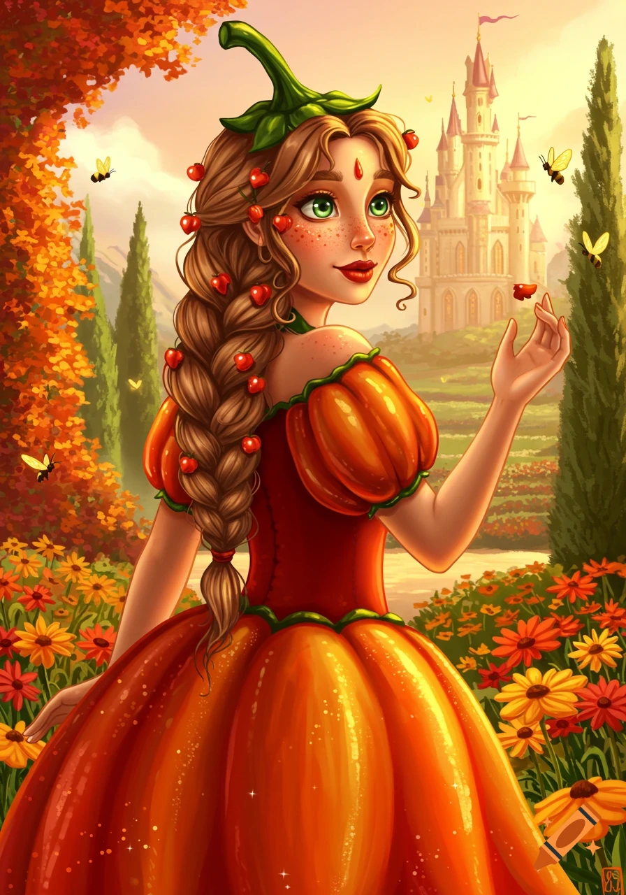 Illustration of a pumpkin princess with cherry hair ties in an autumn landscape with a castle.