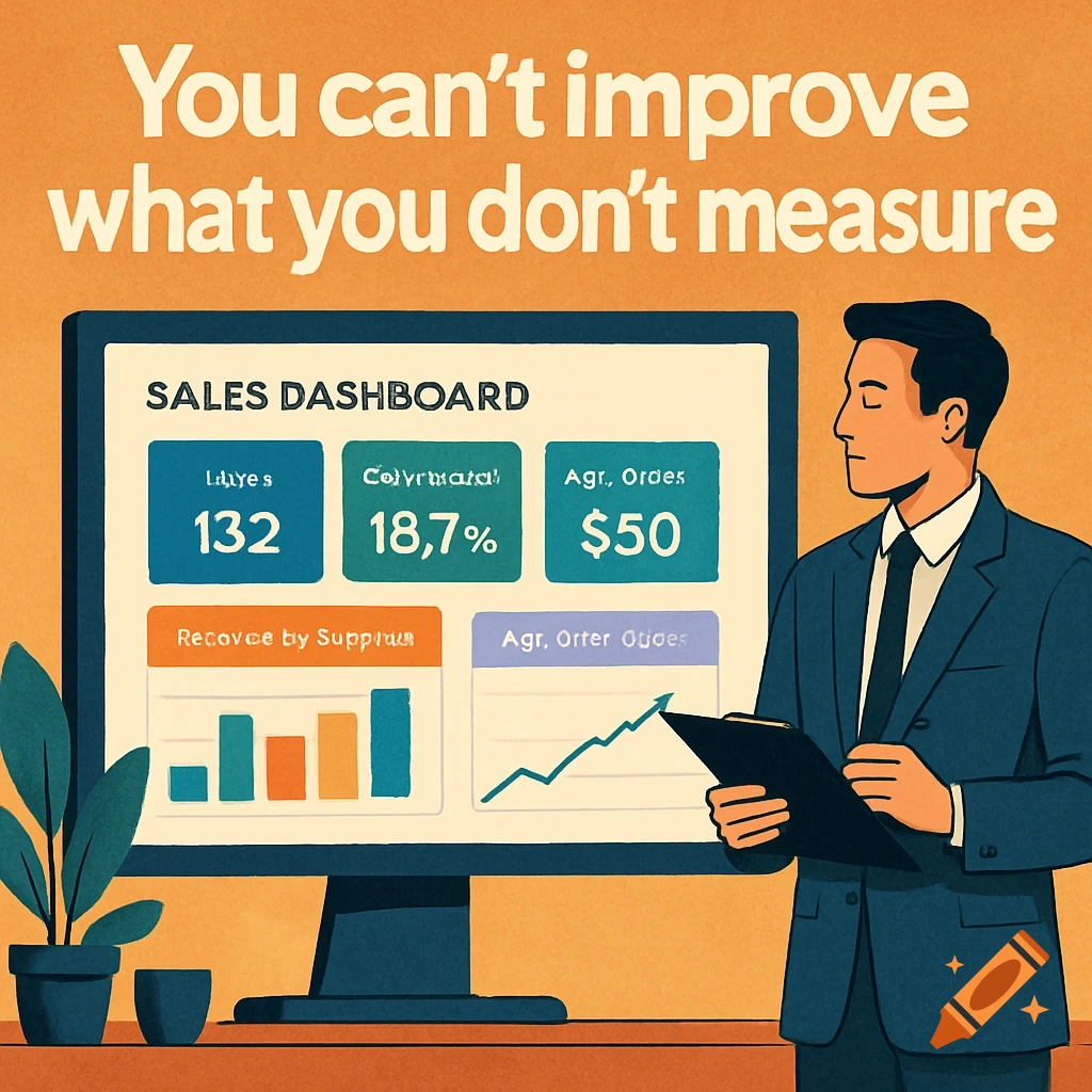 Illustration of a businessman in a suit looking at a sales dashboard on a monitor. Text reads "You can't improve what you don't measure".