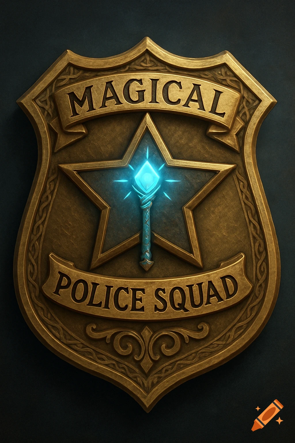 A detailed brass badge with the words MAGICAL POLICE SQUAD and a glowing staff symbol.