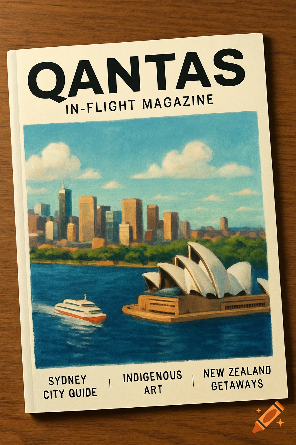 Illustration of a magazine cover with the Sydney Opera House and skyline on the front.