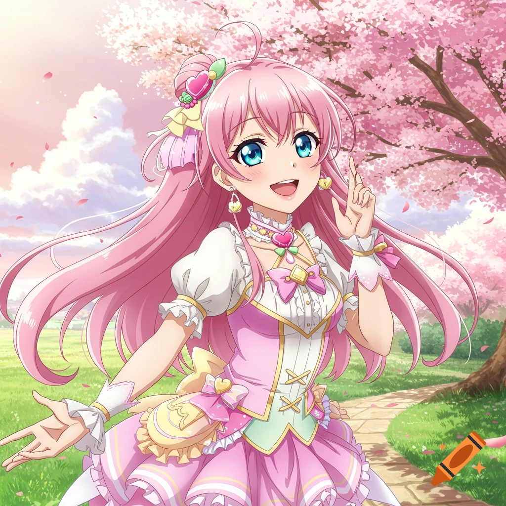 Anime girl with pink hair and dress in a park with cherry blossoms