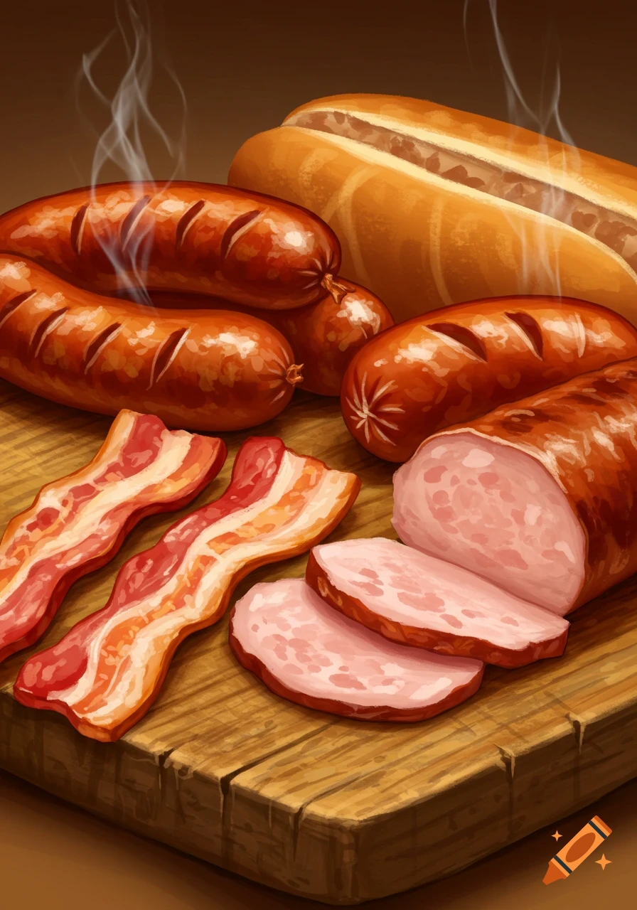 Illustration of bacon, sausages, sliced ham, and a hot dog bun on a cutting board