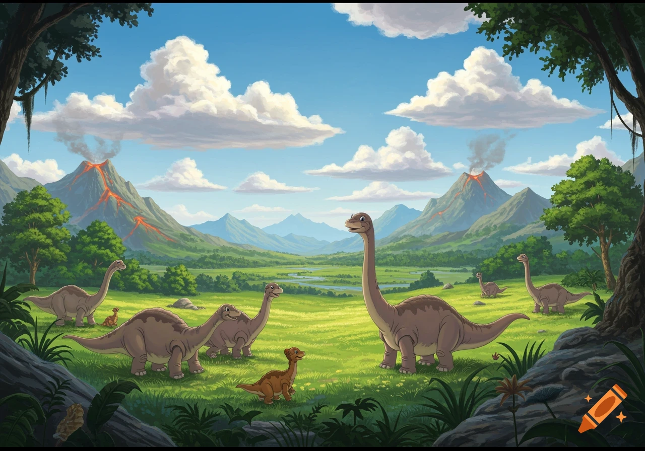 Cartoon brachiosaurus and other dinosaurs in a lush prehistoric valley with erupting volcanoes under a cloudy sky.