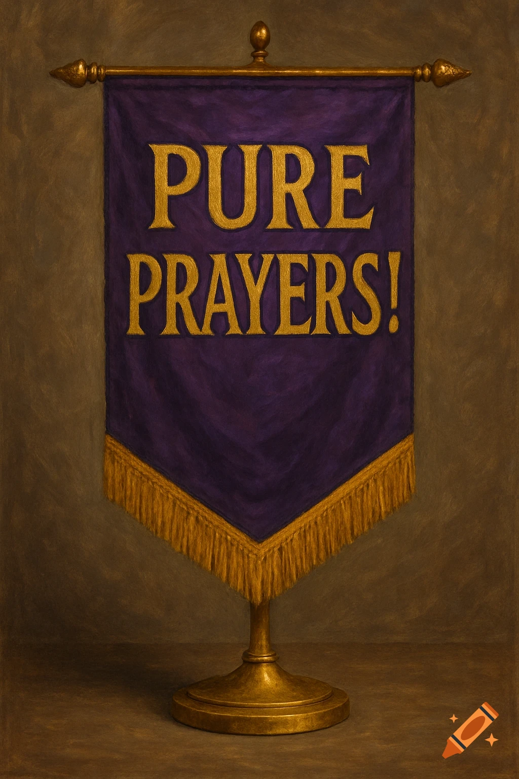 A royal purple banner with gold text saying 'PURE PRAYERS!', gold fringe, and a gold stand.