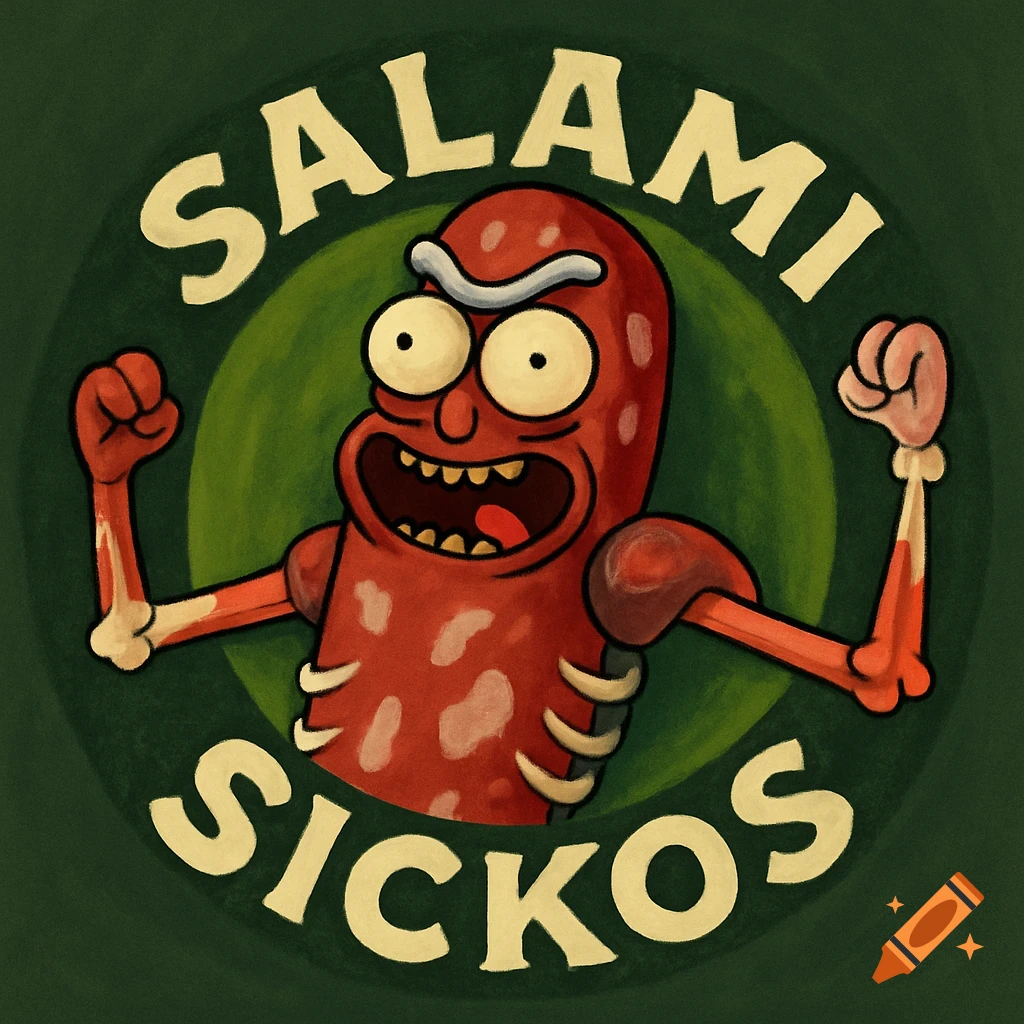 Cartoon logo featuring a salami character flexing muscles, with the words SALAMI SICKOS.