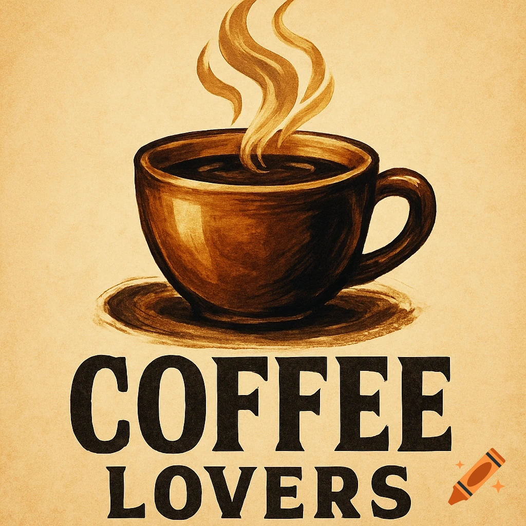 Sketch of a coffee cup with steam and the text 'COFFEE LOVERS'