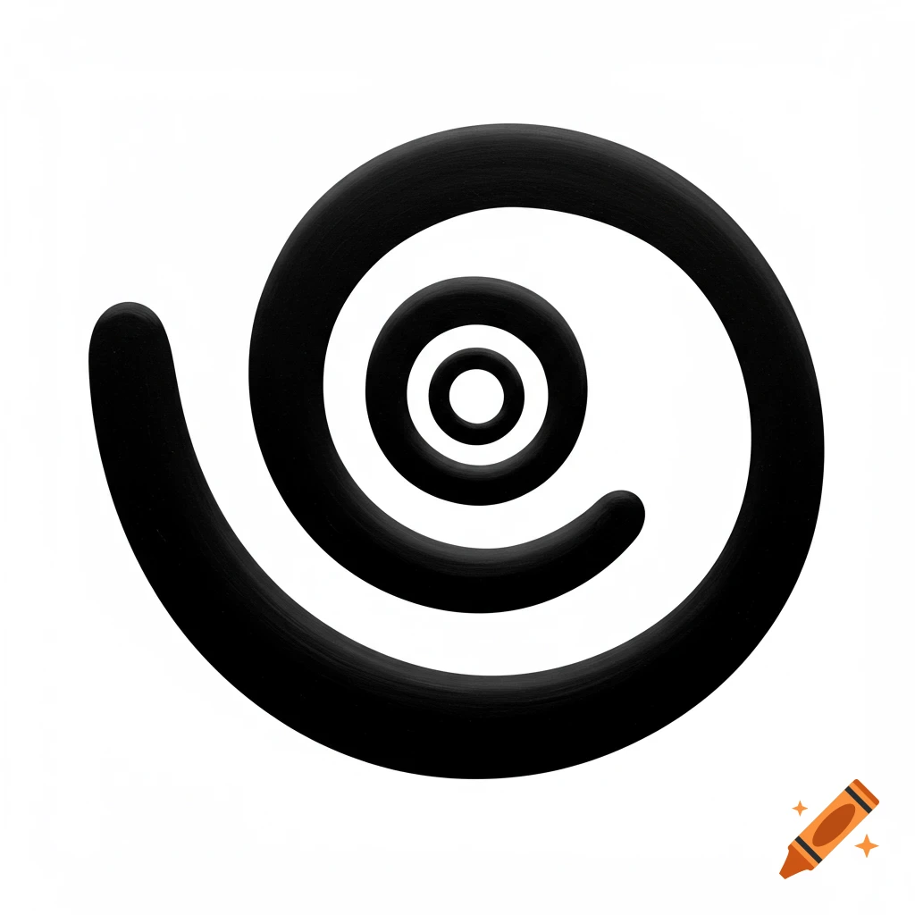 Black graphic spiral on white background.