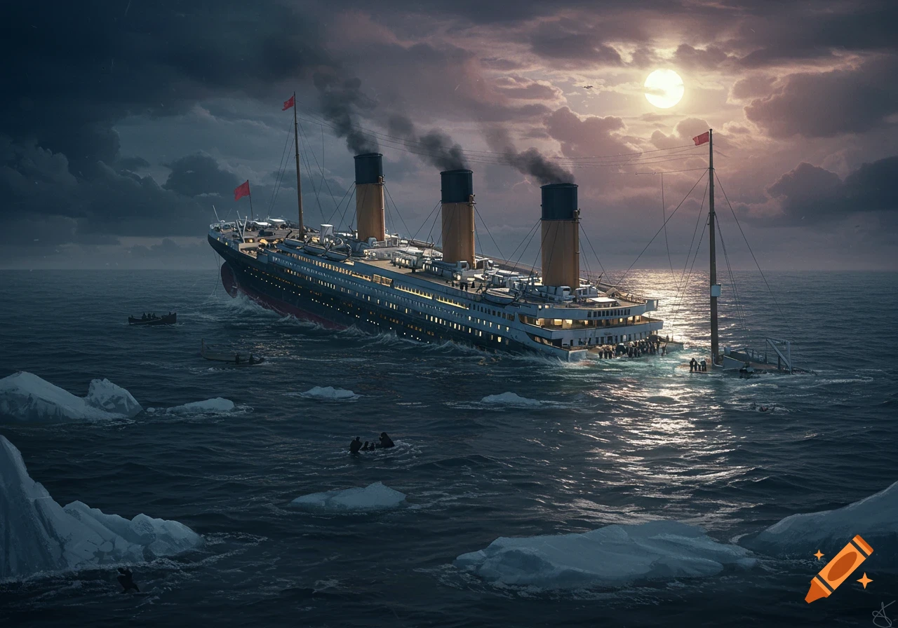 Realistic illustration of the Titanic sinking at night with lifeboats ...