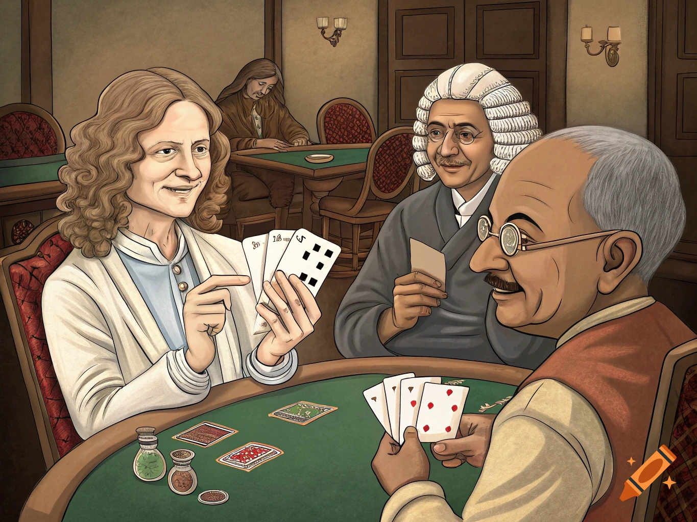 A cartoon image of figures resembling Jodie Foster, Bach, and Gandhi playing cards at a table.