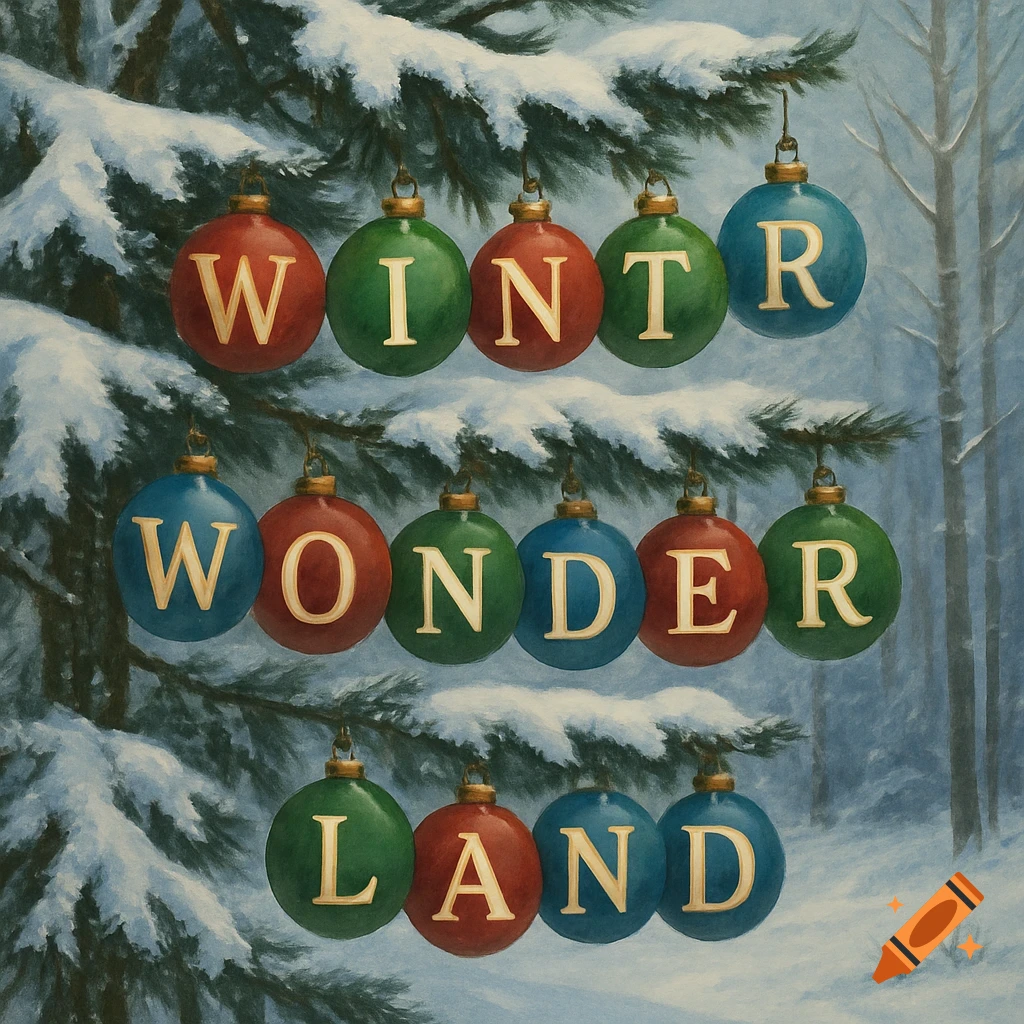 Christmas ornaments spelling Winter Wonderland on a snowy tree in a painted style.