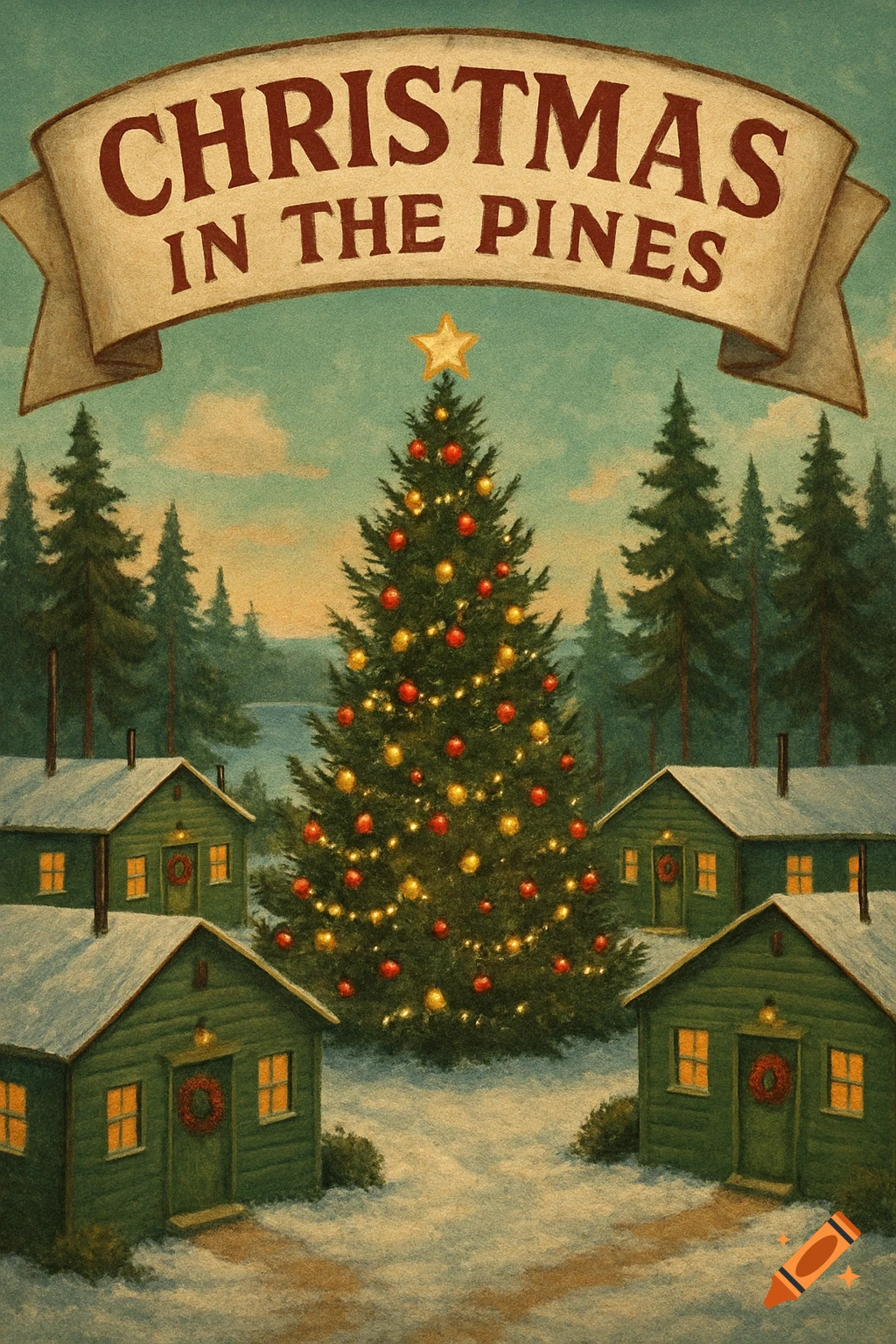 Vintage illustration of a decorated Christmas tree and cabins in a snowy forest with 'Christmas in the Pines' banner.