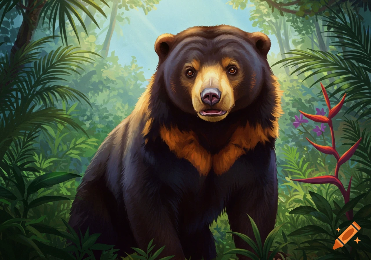 A sun bear sits in a lush jungle setting.
