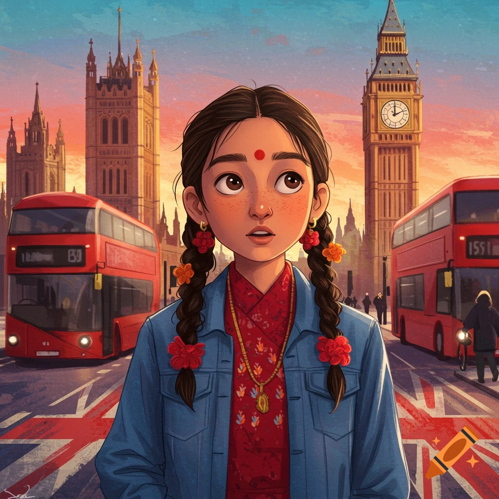 Stylized illustration of a young girl in London with Big Ben, Houses of Parliament, and red double-decker buses.
