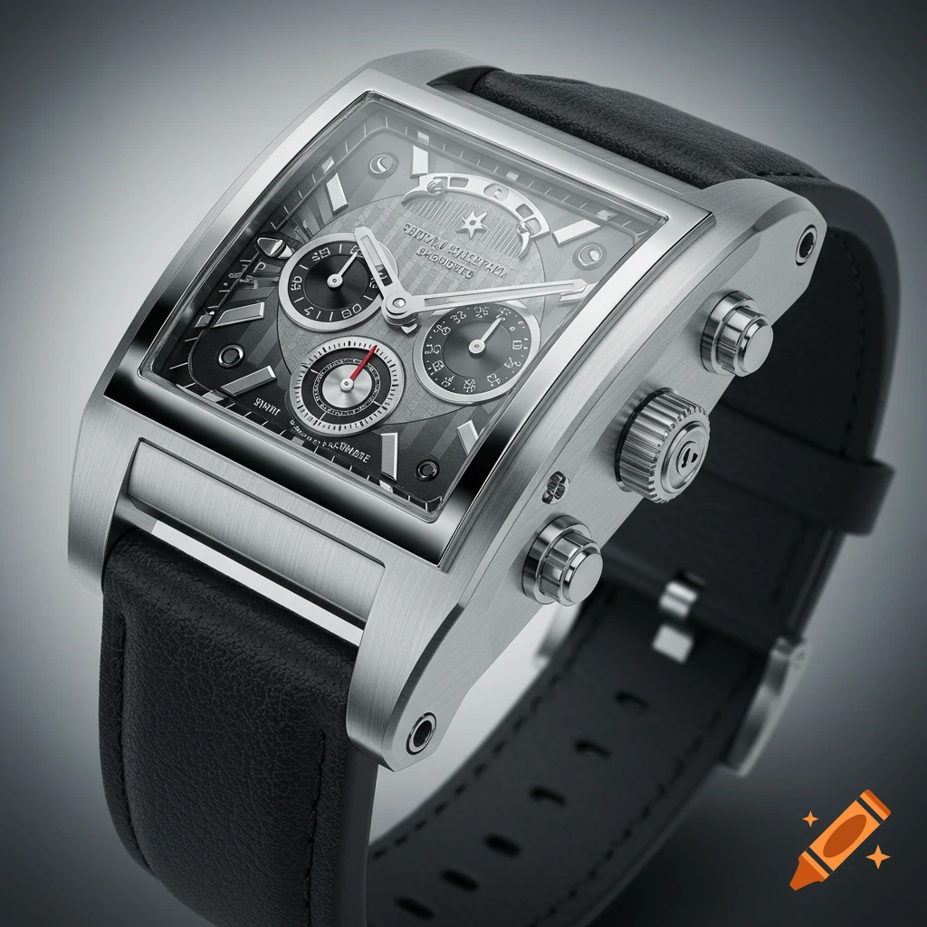 Close-up of a silver and black rectangular wristwatch with a leather strap in art deco style