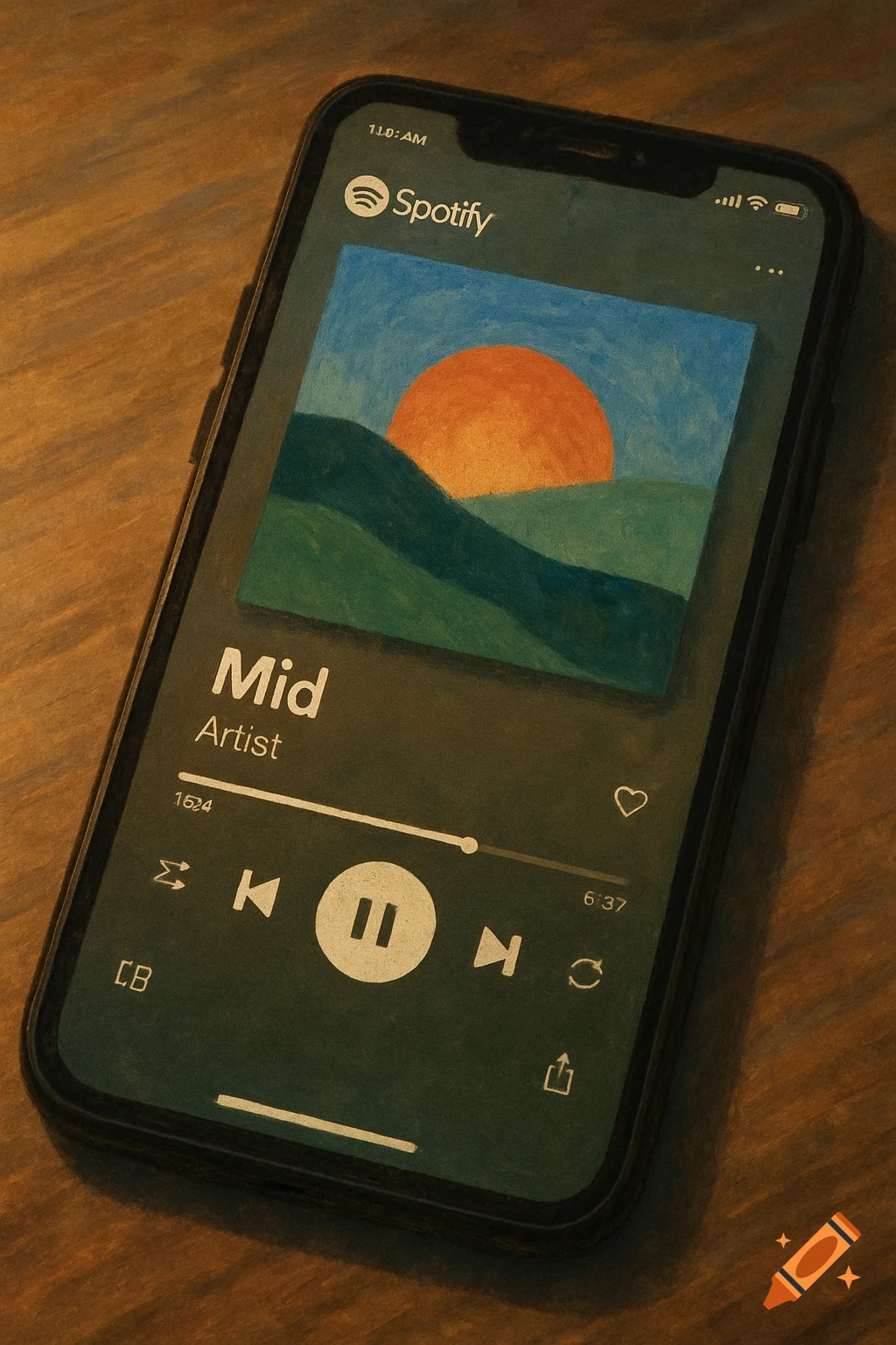 A smartphone displaying the Spotify app with an album titled "Mid" playing.