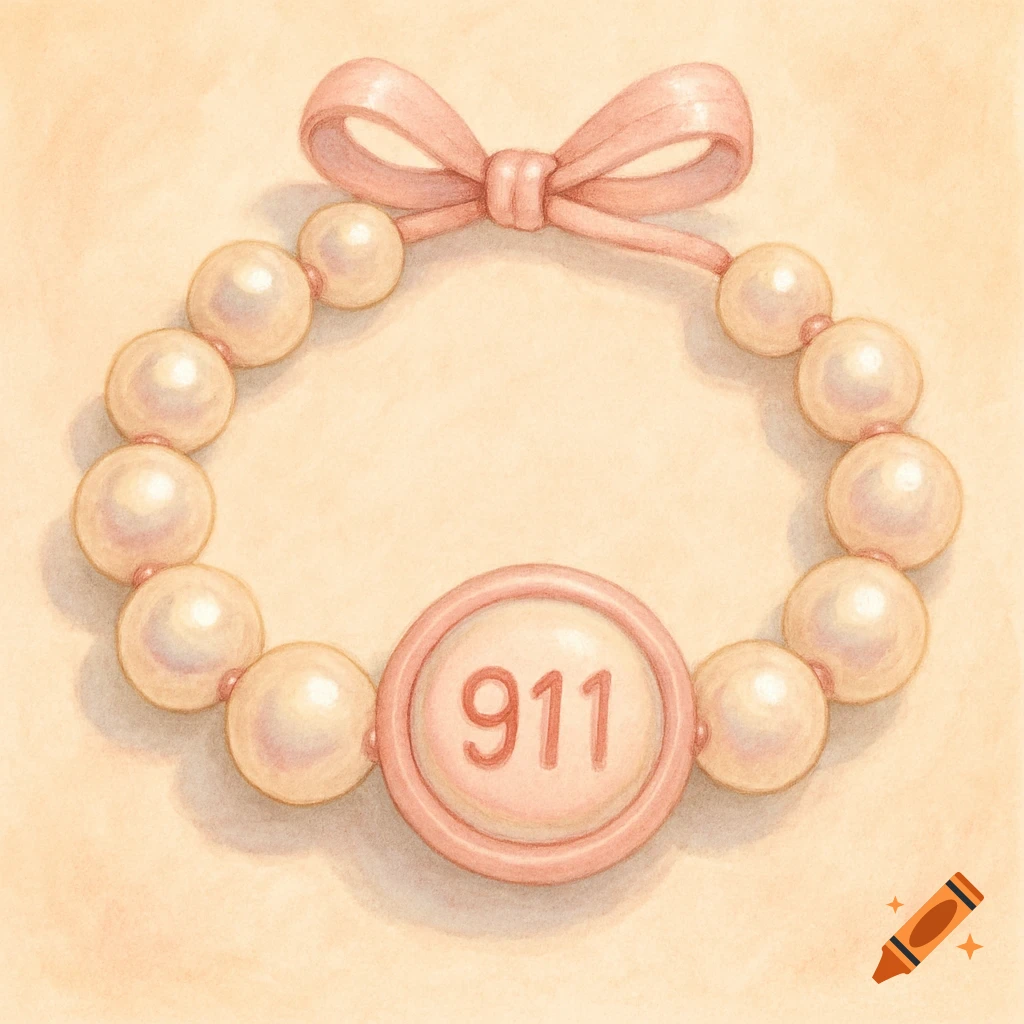 Watercolor illustration of a pearl bracelet with a pink bow and a button labeled 911