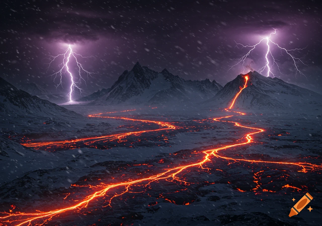 Dark snowy mountain landscape with glowing lava rivers and purple lightning under a stormy sky