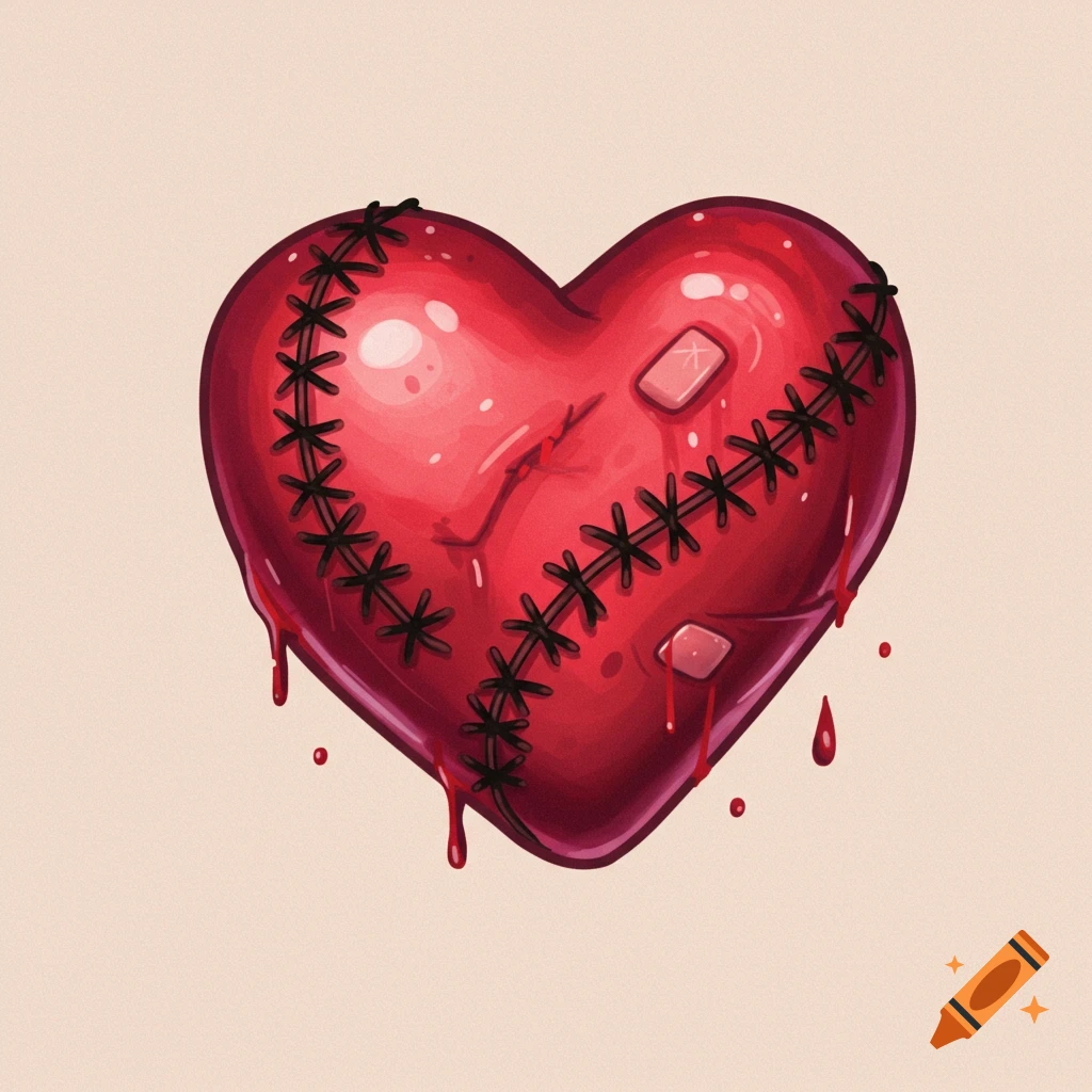 Stylized red heart with stitches, band-aids, and red drips, in a cartoon style.
