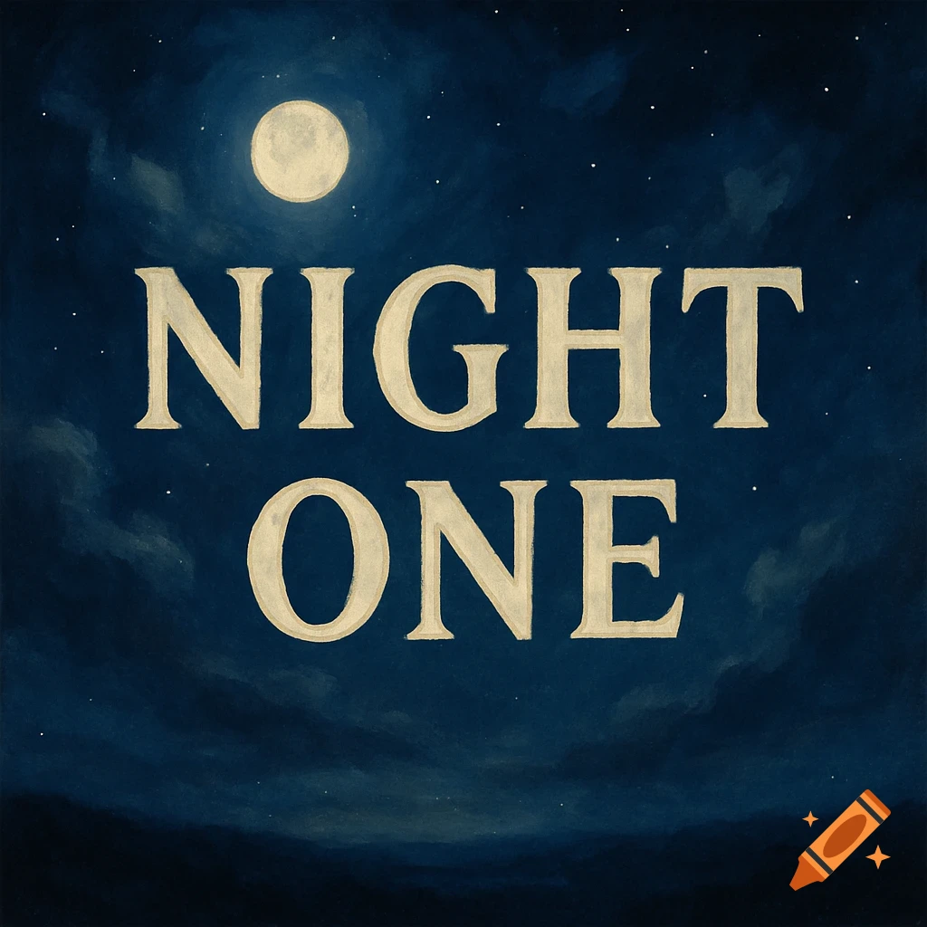 The words NIGHT ONE against a dark blue night sky with a full moon and stars in an illustrative style.