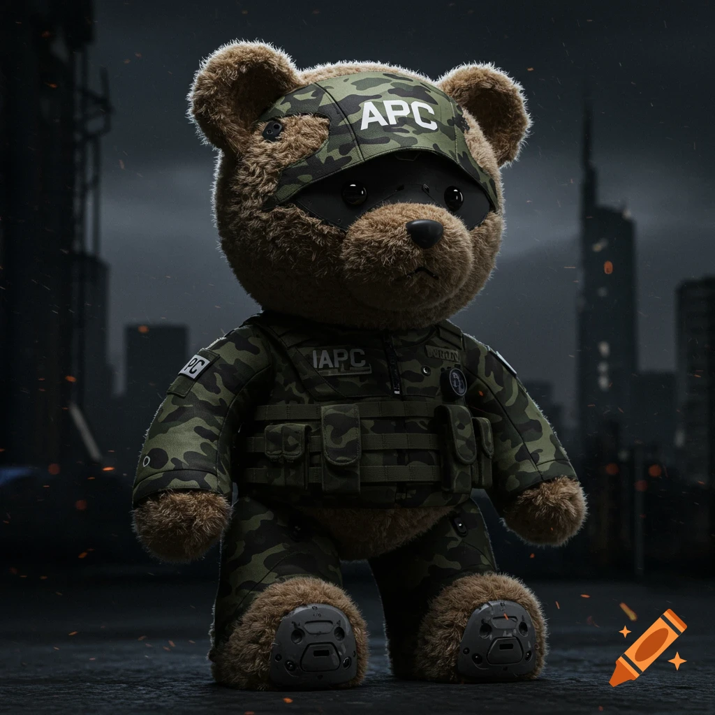 A furry teddy bear wears urban camouflage tactical gear, standing in a dark, futuristic urban street.