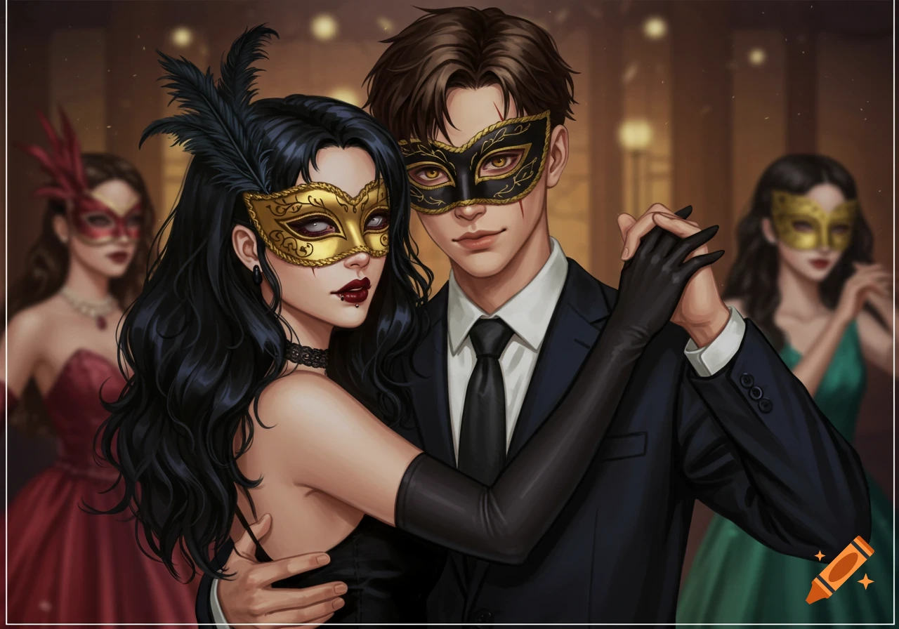 Couple in ornate masks dancing at a masquerade ball, illustration.