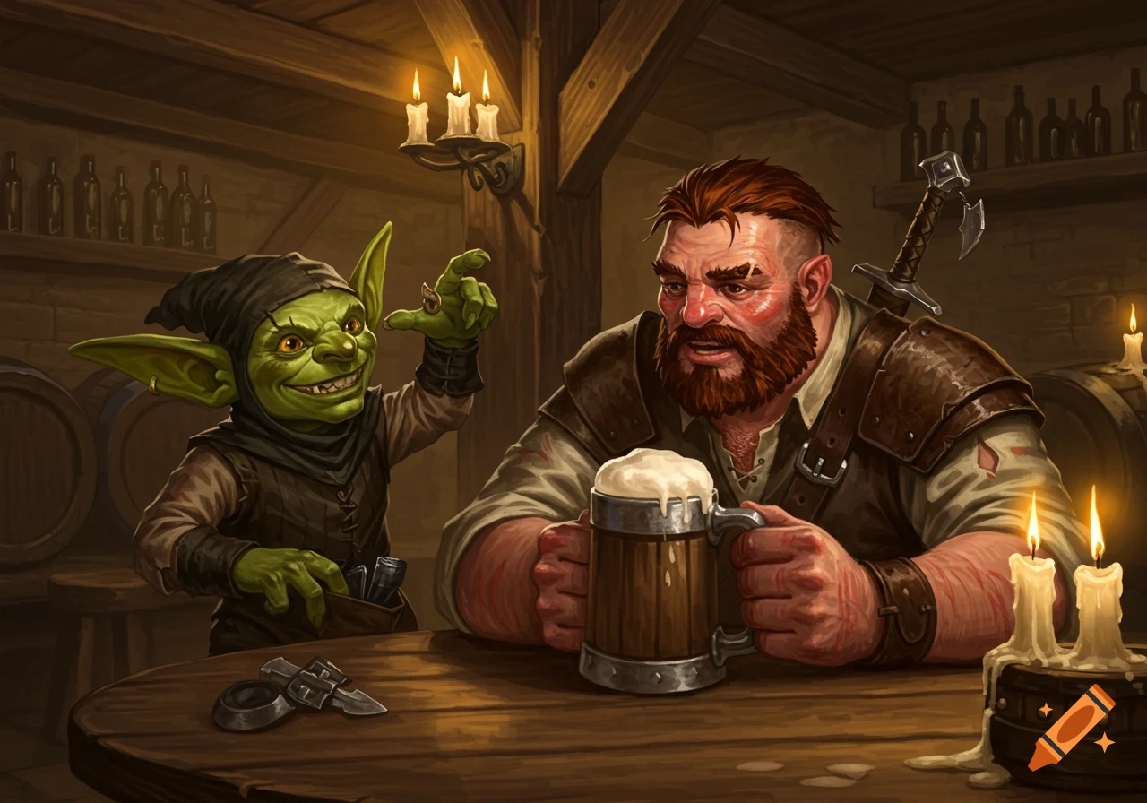 A goblin thief reaches toward an adventurer holding a mug of beer in a tavern. Digital painting.