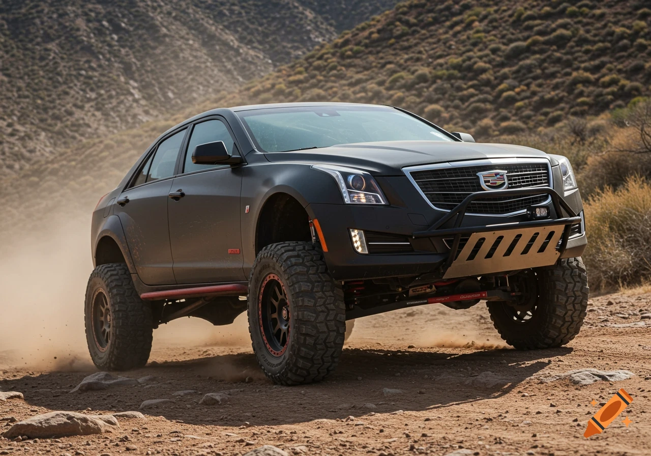 A black custom-built offroad Cadillac sedan sits on a dirt track, kicking up dust.